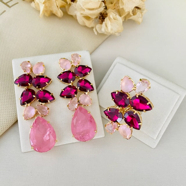 Kit Anel Regulável com Brinco Julia Tons de Rosa Dourado