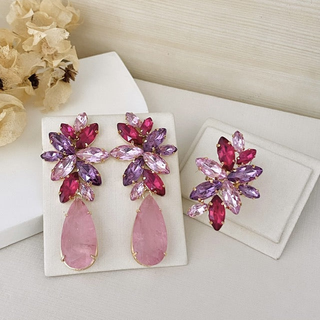 Kit Anel Regulável com Brinco Londres Lilás com Rosa Dourado