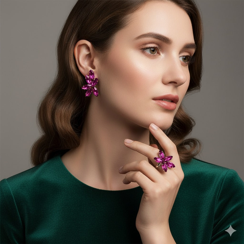 Kit Anel Regulável com Brinco Roxo Dourado - Leandra