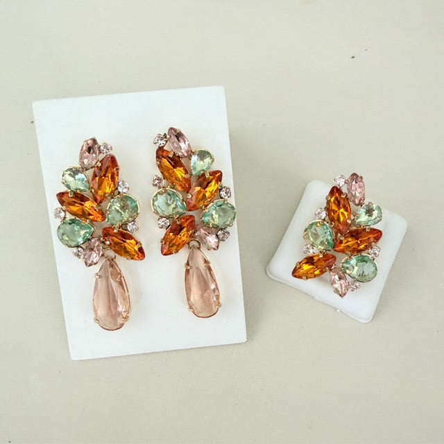 Kit Anel Regulável e Brinco Josy Nude, Coral e Menta Dourado