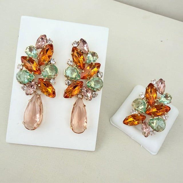 Kit Anel Regulável e Brinco Josy Nude, Coral e Menta Dourado