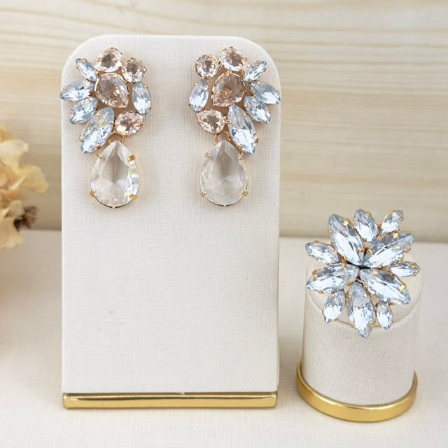Kit Anel Regulável e Brinco Larissa Cristal Dourado
