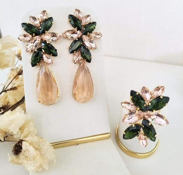 Kit Anel Regulável e Brinco Londres Nude com Verde Oliva Dourado