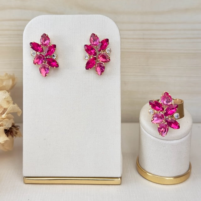Kit Anel Regulável e Brinco Pedraria Rosa Pink com Fúcsia Cristiane