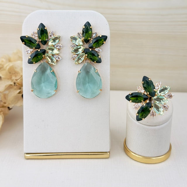 Kit Anel Regulável e Brinco Vanessa Verde Menta com Verde Oliva Dourado