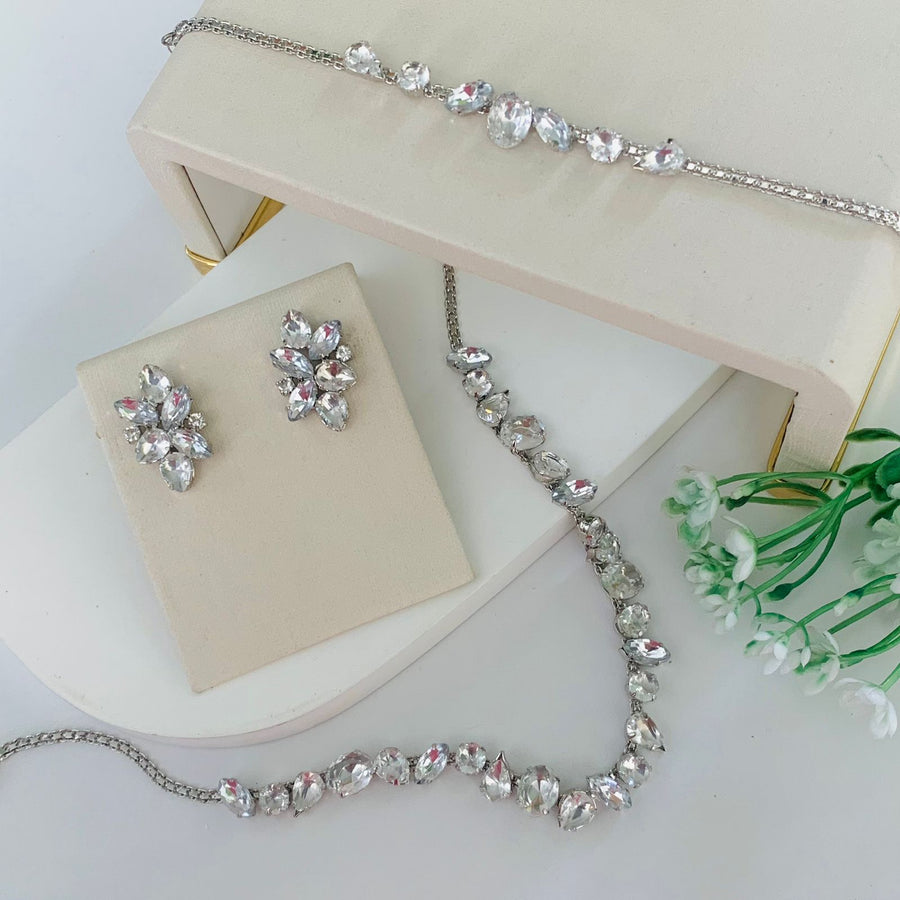 Kit Blair Gargantilha, Pulseira e Brinco Cristal Banho Prata