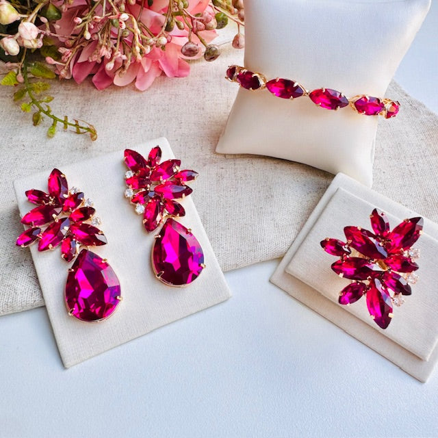 KIT Bracelete, ANEL REGULÁVEL E BRINCO Rosa Pink SILMARA