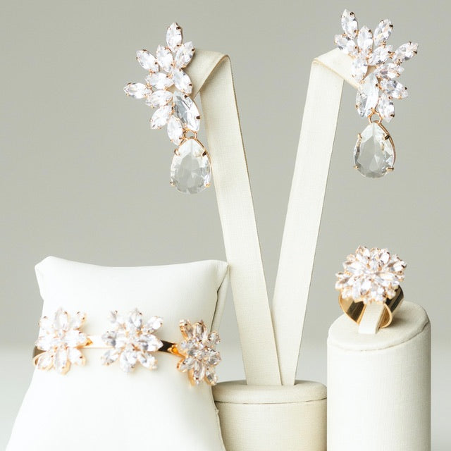 Kit Brinco, Anel Regulavel e Bracelete Diane Cristal De Zircônia Banho Dourado