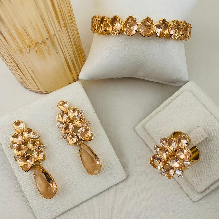 Kit Brinco, Anel Regulavel e Bracelete Lunna de Zirconia Nude Dourado