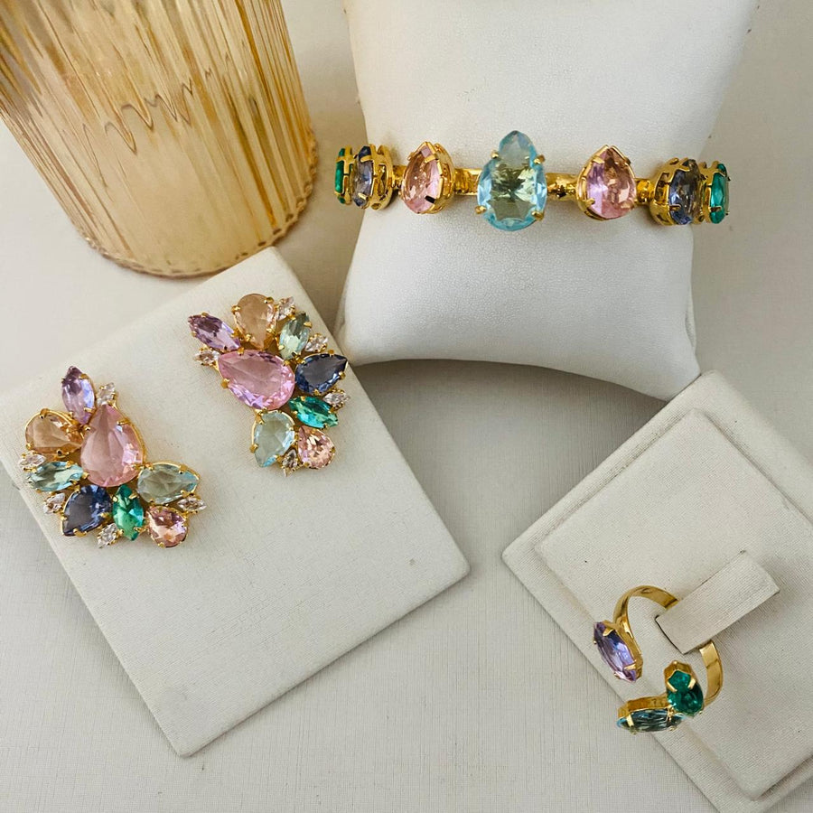 Kit Brinco, Anel Regulavel e Bracelete Malu De Zirconia Collor