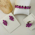 Kit Brinco, Anel Regulavel e Bracelete Valentina De Zirconia Fucsia Banho Prata