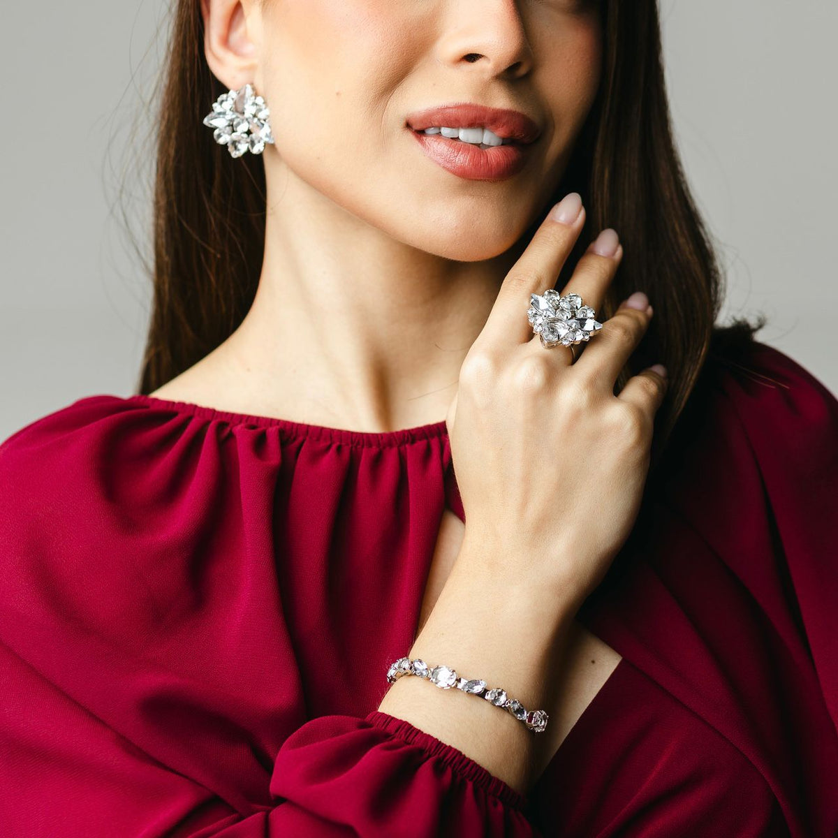 Kit Brinco, Anel Regulável e Bracelete Manhattan de Zircônia Cristal Banho Prata