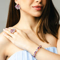 Kit Brinco, Anel Regulável e Bracelete Manhattan de Zircônia Tons de Roxo Banho Dourado