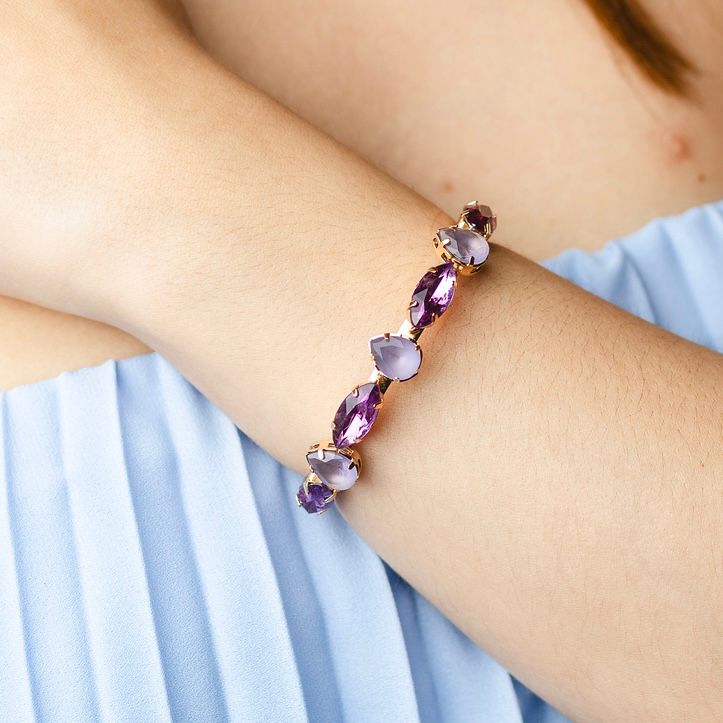 Kit Brinco, Anel Regulável e Bracelete Manhattan de Zircônia Tons de Roxo Banho Dourado