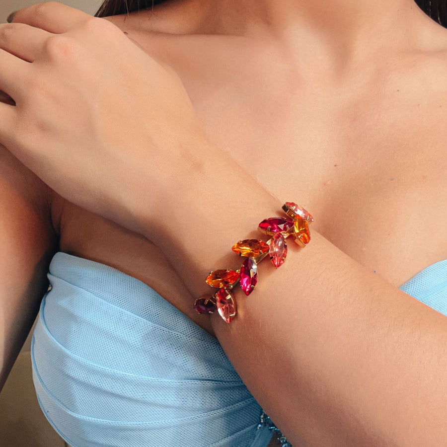 Kit Brinco, Bracelete e Anel Regulável Evelyn Coral, Pink e Rose Banho Dourado