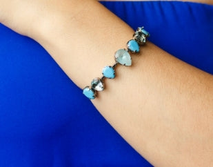 Kit 4 Brinco, Colar, Bracelete e Anel Regulável The Bronx em Zircônia Tons de Azul Turquesa Banho Prata