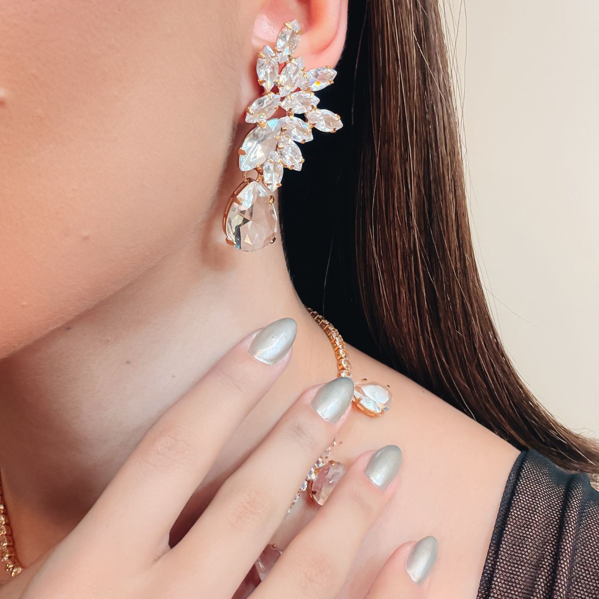 Kit Brinco Bracelete e Colar Diane Cristal Banho Dourado
