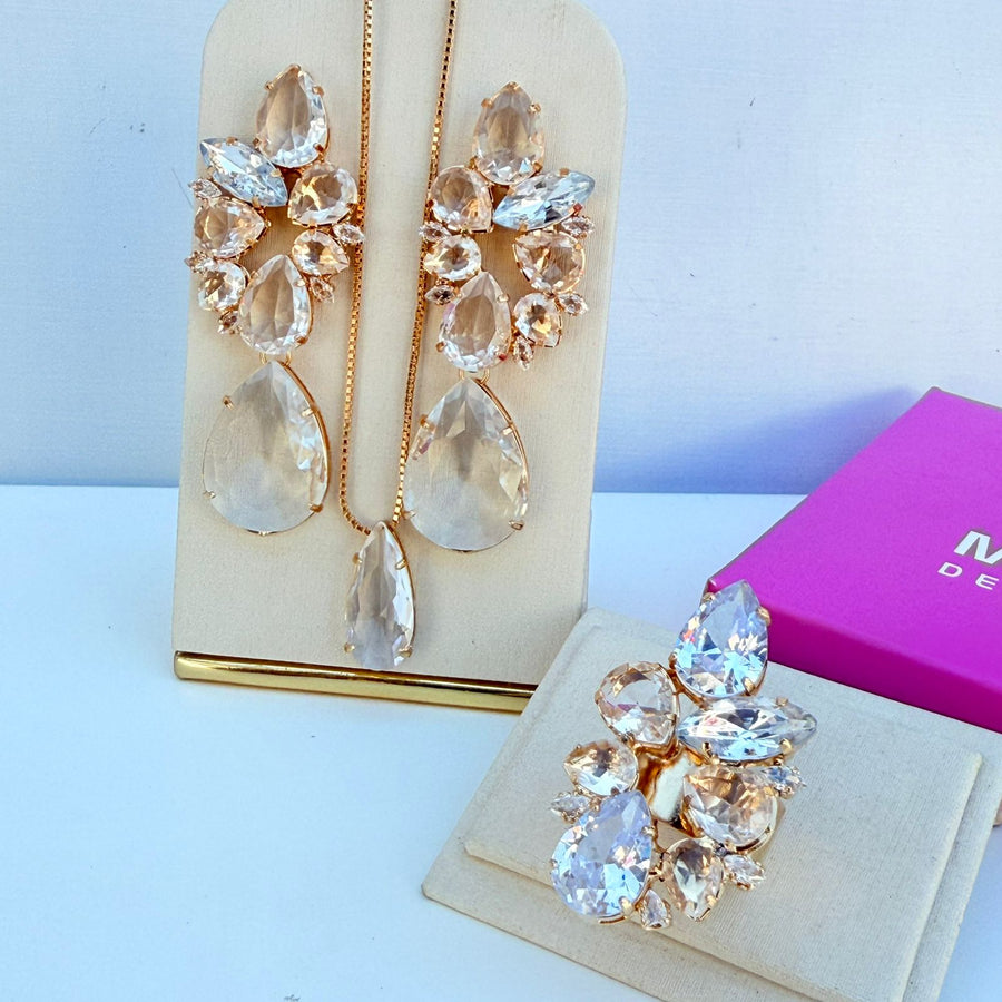 Kit 3 Peças Brinco, Colar e Anel Regulável Jorgina Cristal Dourado