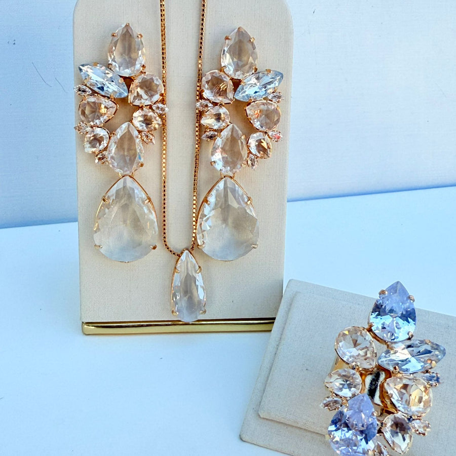 Kit 3 Peças Brinco, Colar e Anel Regulável Jorgina Cristal Dourado