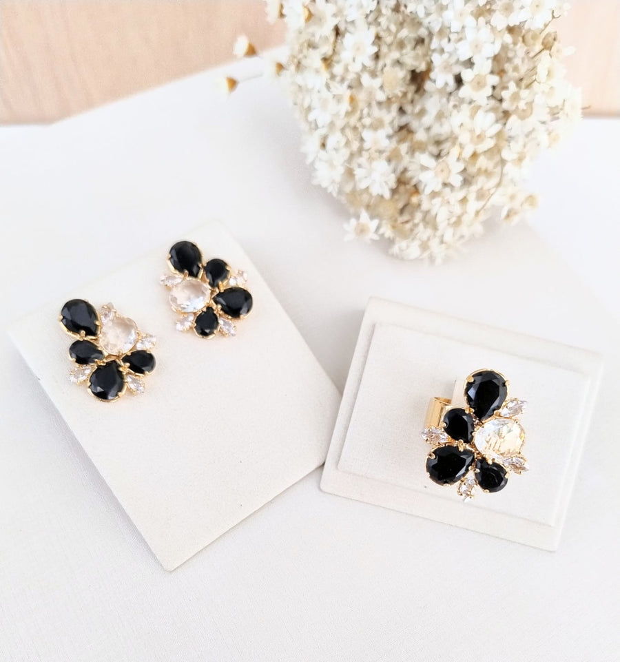 kit Brinco e Anel Regulável Dance Preto com Cristal Dourado