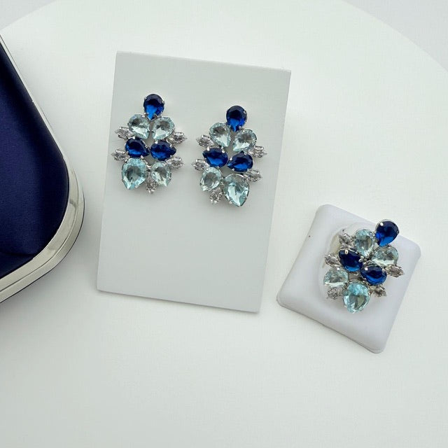 Kit Brinco e Anel Regulável de Zircônia Lunna Tons de Azul Prata