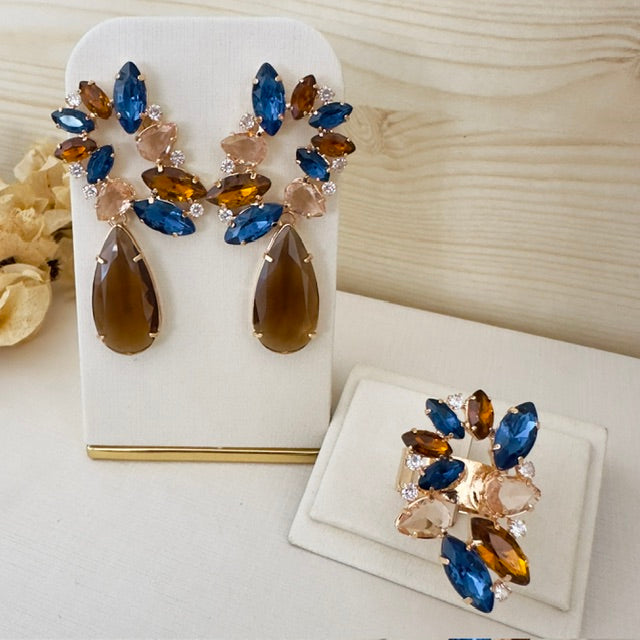 Kit Brinco e Anel Regulável Amanda de Zircônia Azul Safira com Nude Dourado