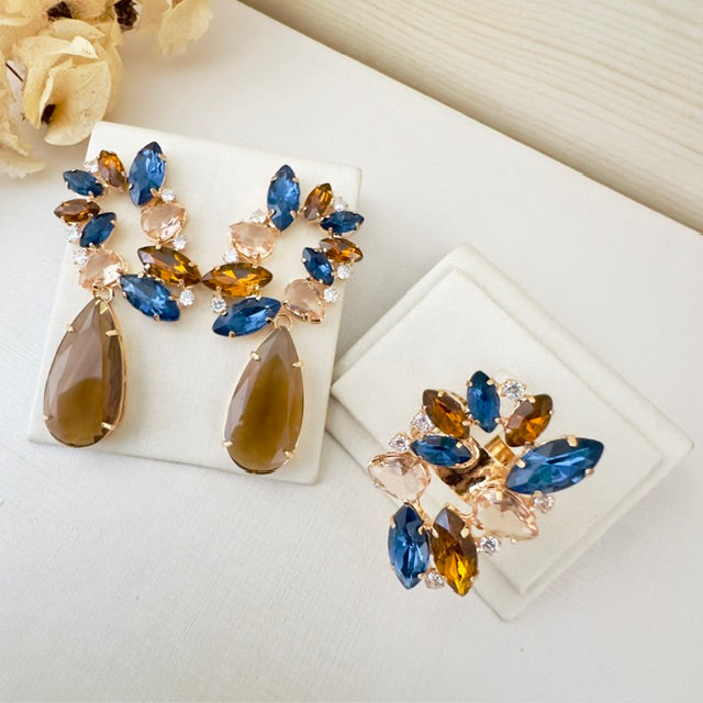 Kit Brinco e Anel Regulável Amanda de Zircônia Azul Safira com Nude Dourado