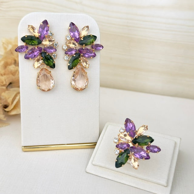 Kit Brinco e Anel Regulável Scarlat Pedraria Lilas, Nude com Oliva Dourado