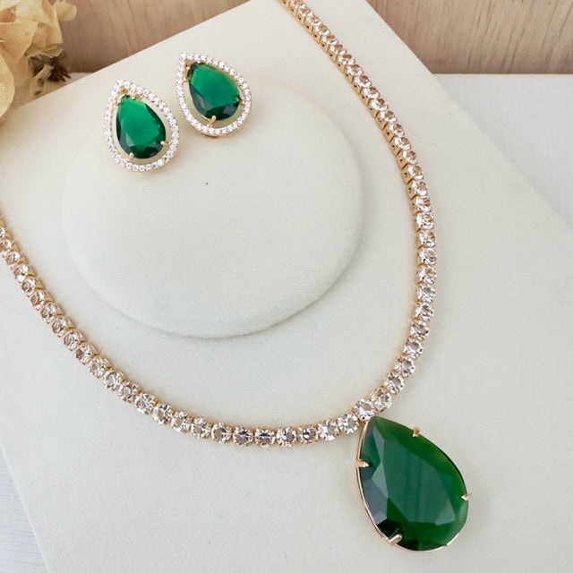 Kit Brinco e Colar Riviera Cristal Oceania de Zircônia Esmeralda Dourado