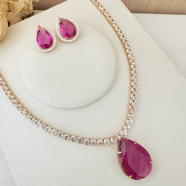 Kit Brinco e Colar Riviera Cristal Oceania de Zircônia Rosa Fúcsia Dourado
