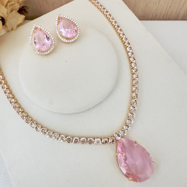 Kit Brinco e Colar Riviera Cristal Oceania de Zircônia Rosa Claro Dourado