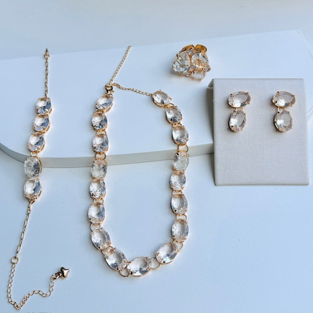 Kit Brinco, Pulseira, Anel e Colar Oval em Zirconia Cristal Doria