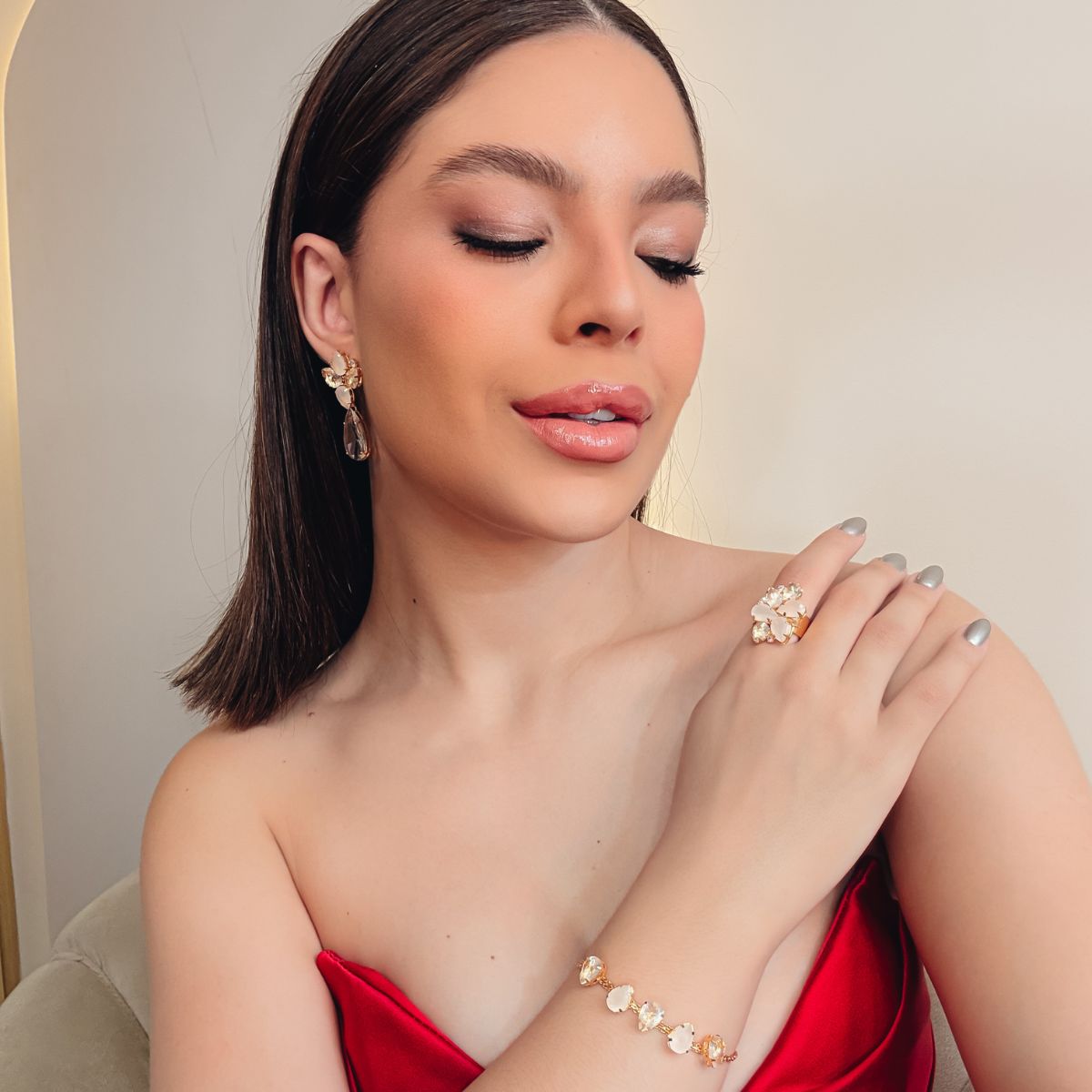 Kit Brinco Pulseira e Anel Regulável Ana Liz Branco Fosco Em Zircônia