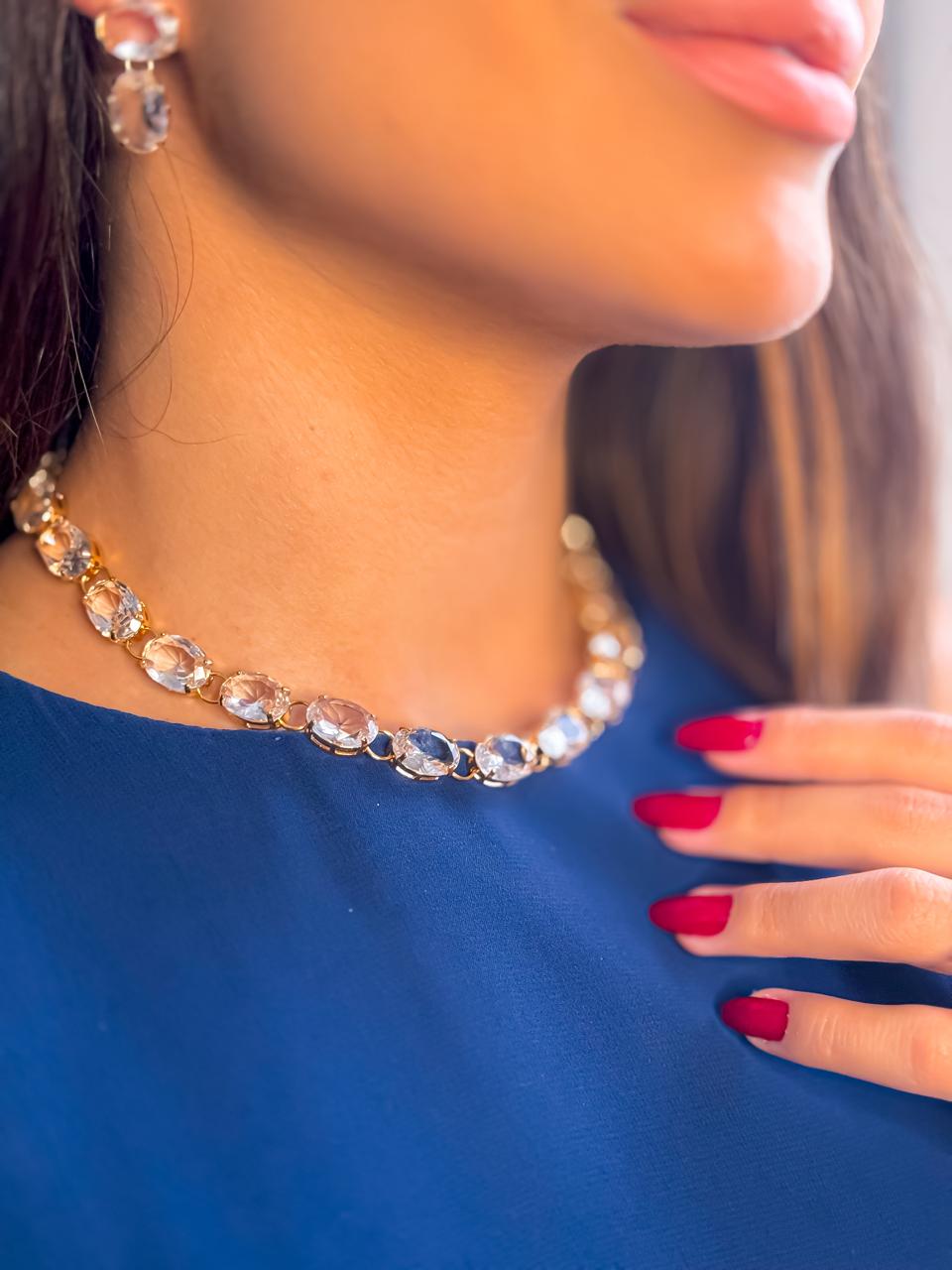 Kit Clutch, Anel, Brinco, Pulseira e Colar Oval em Zirconia Fúcsia Doria