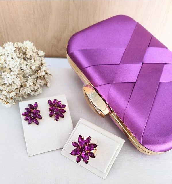 Kit Clutch, Anel e Brinco de Pedraria Roxo Lisa Dourado