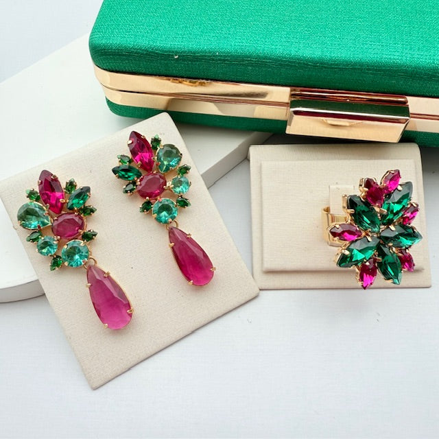 Kit Clutch, Anel e Brinco Liah Rosa Pink com Verde