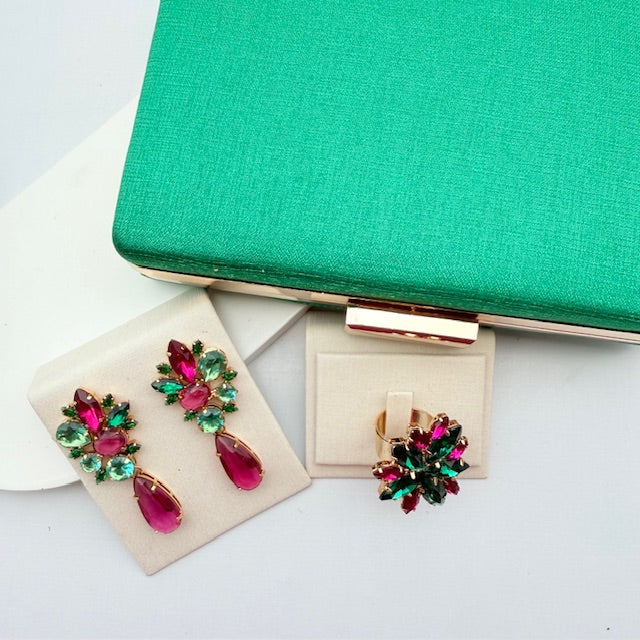 Kit Clutch, Anel e Brinco Liah Rosa Pink com Verde