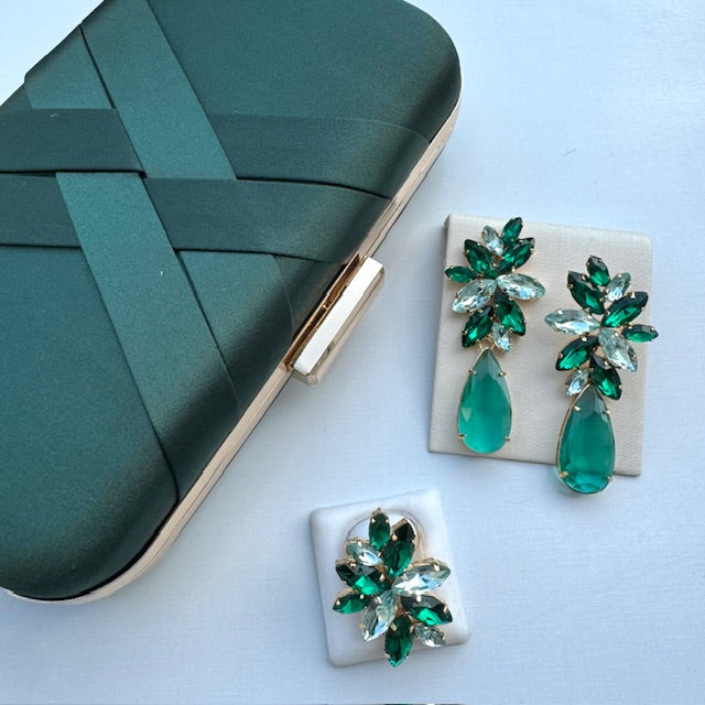 Kit Clutch + Anel Regulável e Brinco Londres Tons de Verde