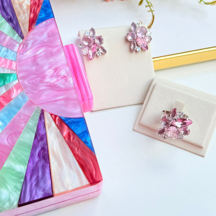 Kit Clutch, Anel Regulável Com Brinco de Zircônia Rosa Lany - Prata