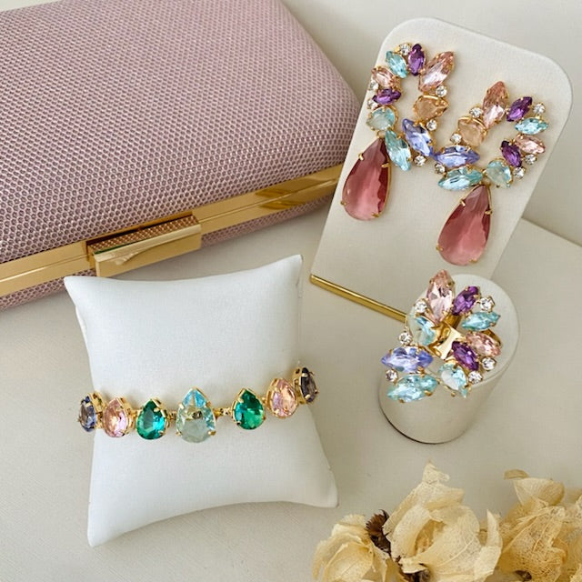 Kit Clutch Anel Regulável, Bracelete e Brinco de Pedraria Collor - Amanda