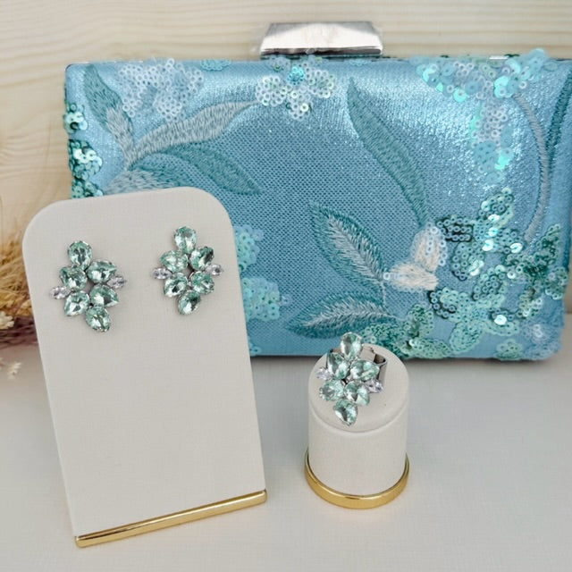 Kit Clutch Bordada, Brinco e Anel Regulável de Zircônia Menta Valentina Prata