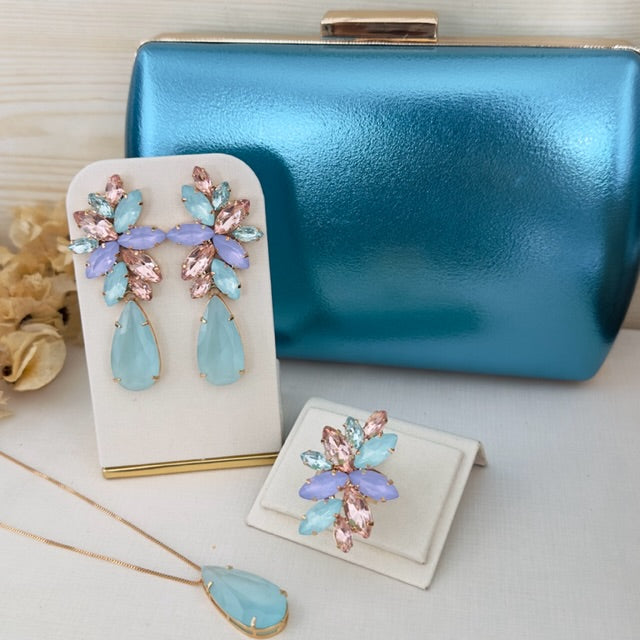 Kit Clutch, Brinco Colar e Anel Regulável Londres Collor Dourado