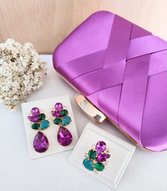 Kit Clutch, Brinco e Anel Regulável de Zircônia Esmeralda com Roxo Solaris