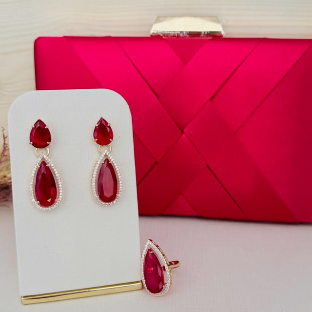 Kit Clutch, Brinco e Anel de Zircônia Gota Talles Vermelho Dourado