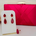Kit Clutch, Brinco e Anel de Zircônia Gota Talles Vermelho Dourado
