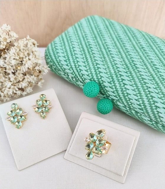 Kit Clutch, Brinco e Anel Regulável de Zircônia Menta Valentina