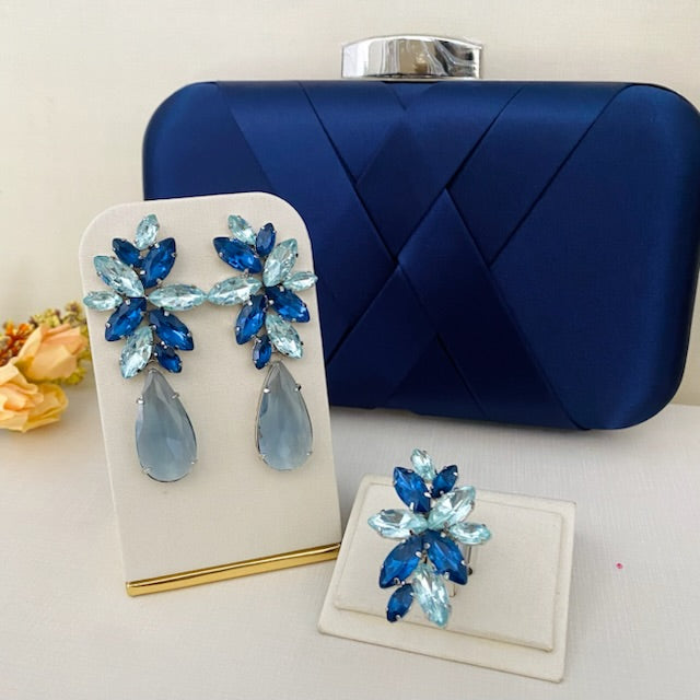 Kit Clutch, Brinco e Anel Londres Tons de Azul Acabamento Prata