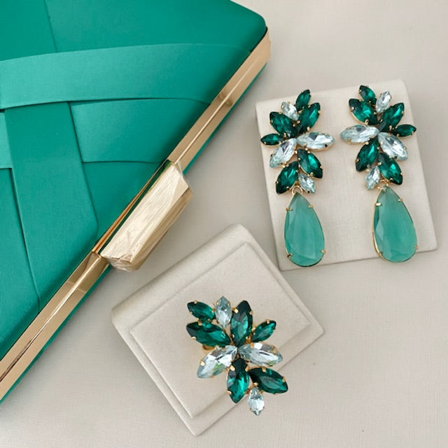 Kit Clutch, Brinco e Anel Regulável Londres Tons de Verde Dourado