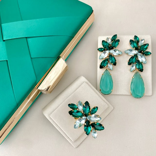 Kit Clutch, Brinco e Anel Regulável Londres Tons de Verde Dourado