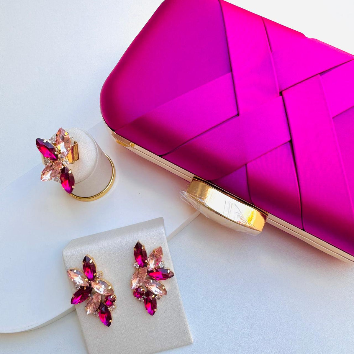 Kit Clutch, Brinco e Anel Rosa Pink - Ingrid